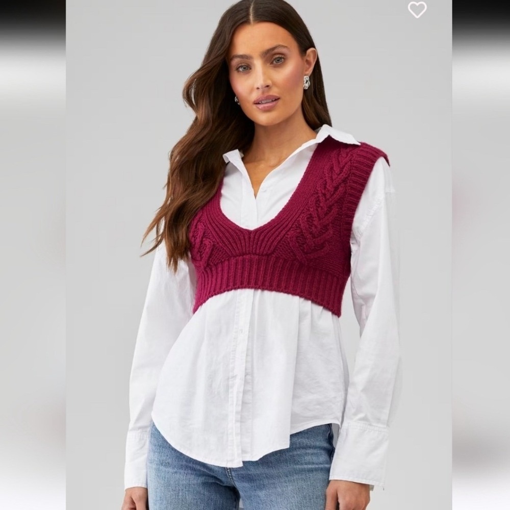 For Love & Lemons Lavton Cable Knit V Neck‎ Cropped Sweater Vest Small Burgundy